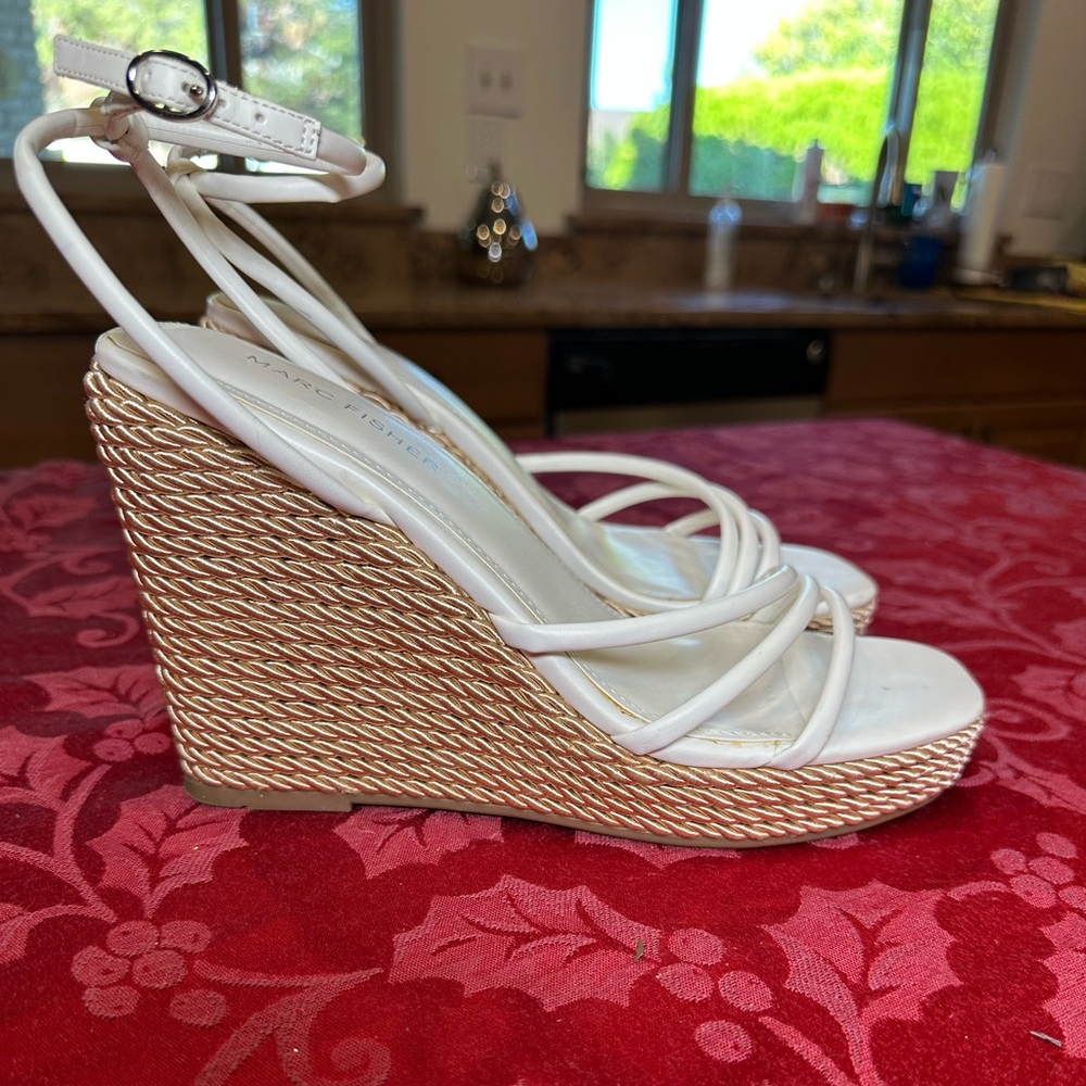 Marc Fisher White and Tan Zeki Espadrille Wedges